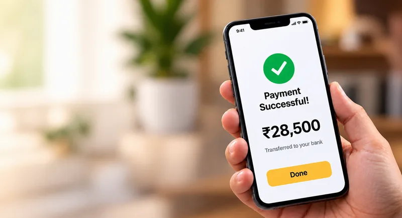 A phone showing Payment Successful, AED 2,050 transferred to your bank
